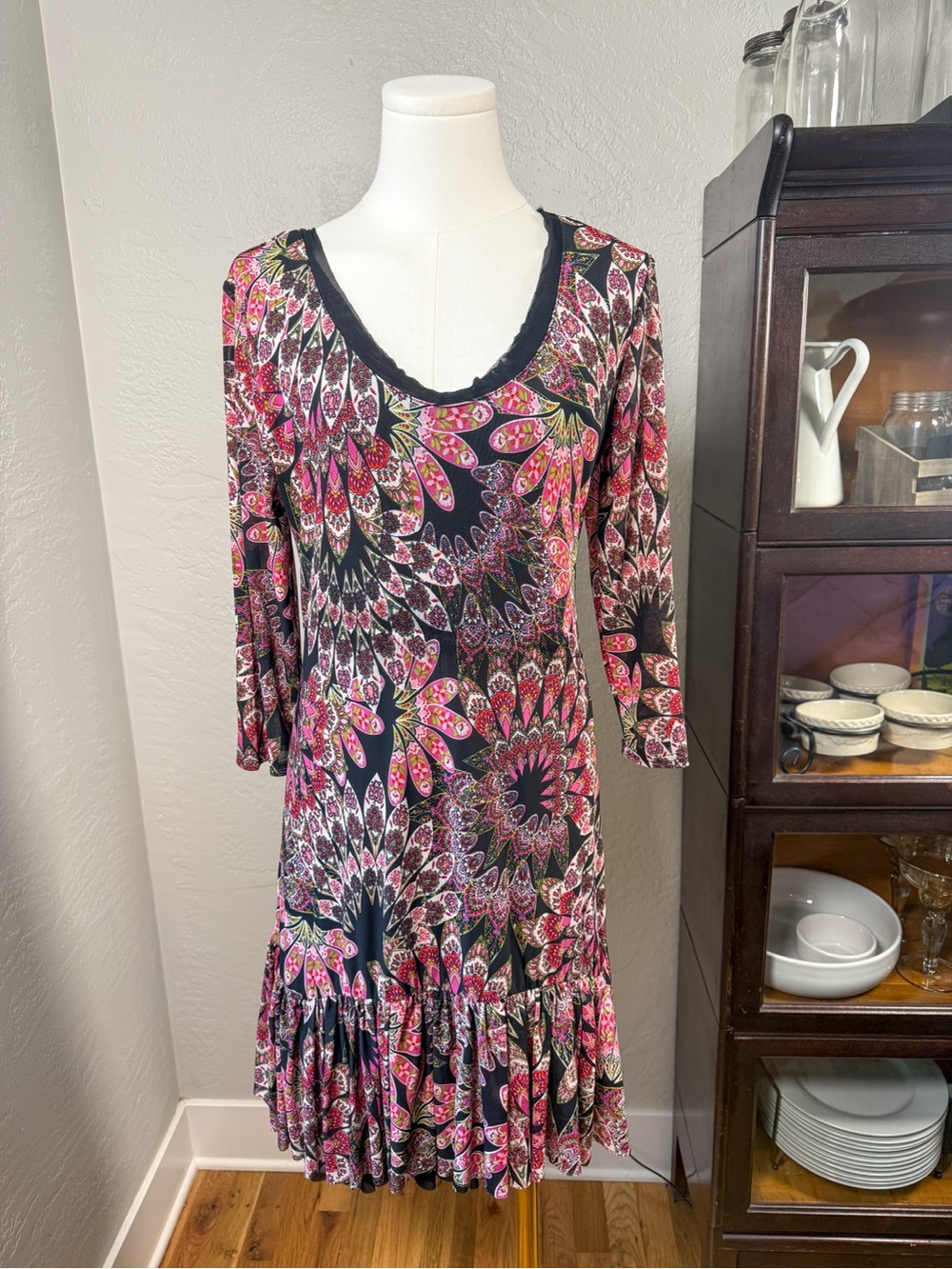 Roper Pink Black Floral Paisley Print Ruffle Hem Dress Boho Size L
